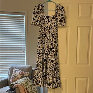 Aqua Black & White Floral Puff-Sleeve Maxi Dress